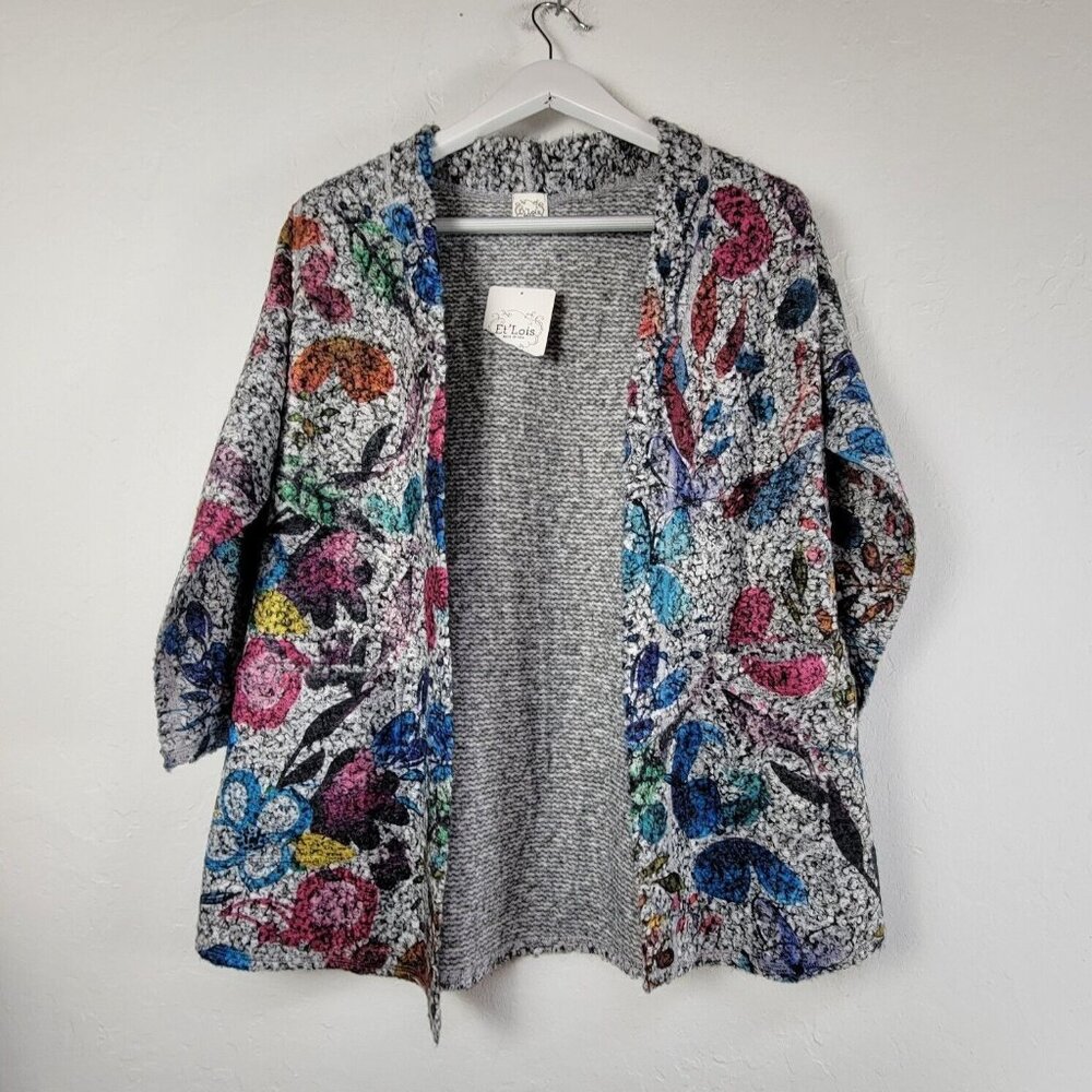 Et' Lois Bouclé Blossoms Floral Artsy Jacket Open Cardigan Small Multicolor New
